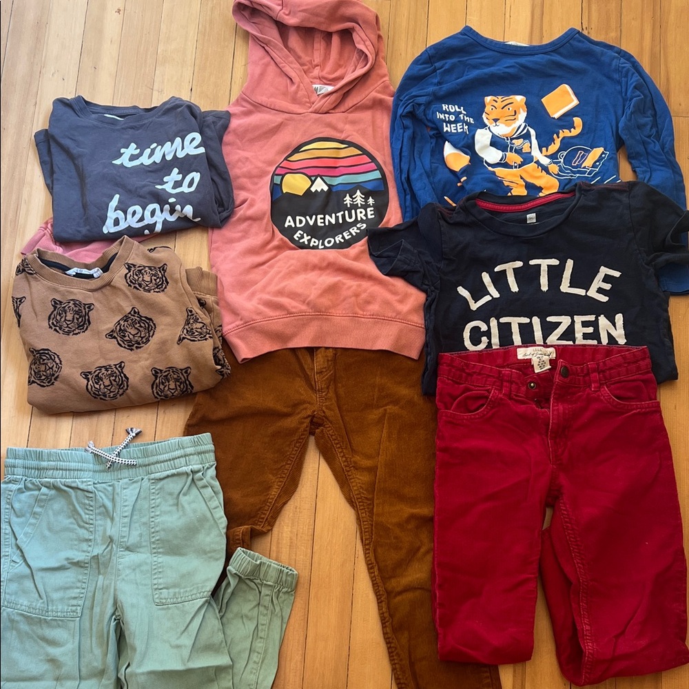 Zara Brown Tiger Print Kids Sweatshirt and long sleeve shirt, H&M pants, Tea